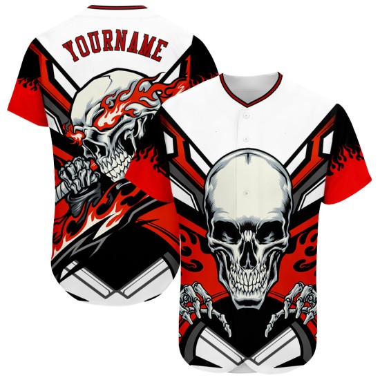 Authentisches Baseball Custom Skull Weiß Trikot Rot-Schwarz 3D Authentisches Baseball Custom Skull Weiß Trikot Rot-Schwarz 3D