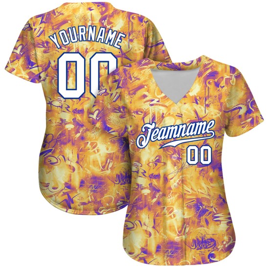 Weiß-Royal 3D Jersey Scratch Graffiti Benutzerdefinierte Authentische Muster Baseball