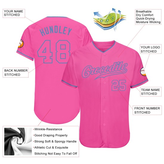 Blaues Baseball-Trikot in Pink-Hellpink, authentisch Blaues Baseball-Trikot in Pink-Hellpink, authentisch