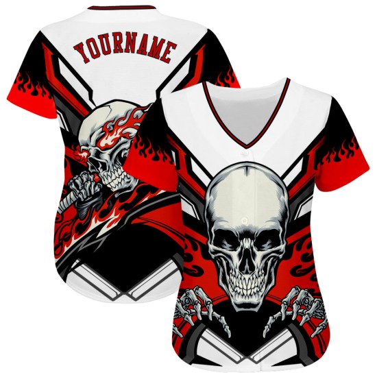 Authentisches Baseball Custom Skull Weiß Trikot Rot-Schwarz 3D Authentisches Baseball Custom Skull Weiß Trikot Rot-Schwarz 3D
