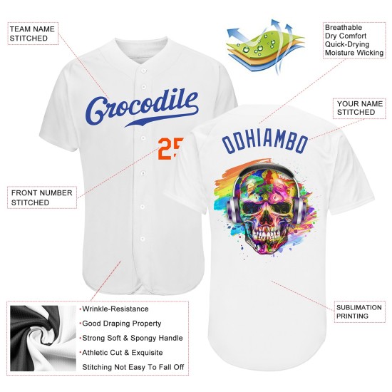 Authentisches weißes Custom Fashion Skull Royal-Orange Jersey Baseball Authentisches weißes Custom Fashion Skull Royal-Orange Jersey Baseball